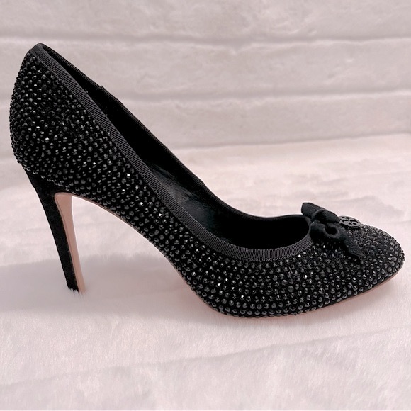 Tory Burch Shoes - NEW Tory Burch Phoenix Black Suede Crystal Embellished Bow Round Toe Pumps
